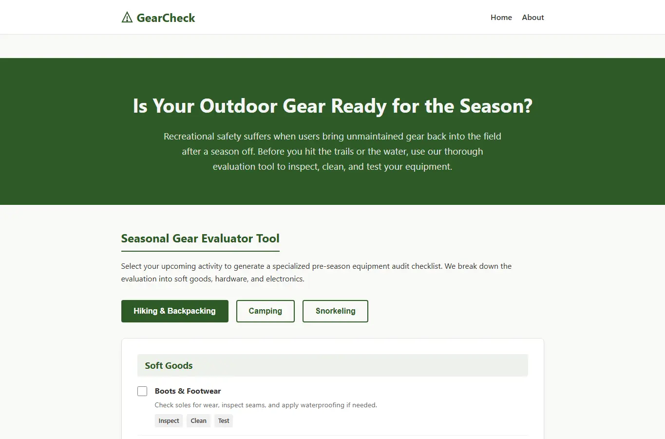 Screenshot of GearCheck: Seasonal Activity Prep interface showing the project page in use